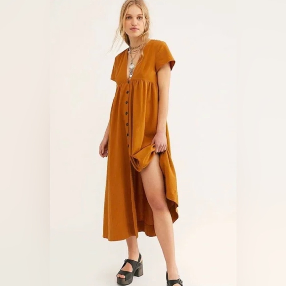 Free People Mustard Button-Front Maxi Dress